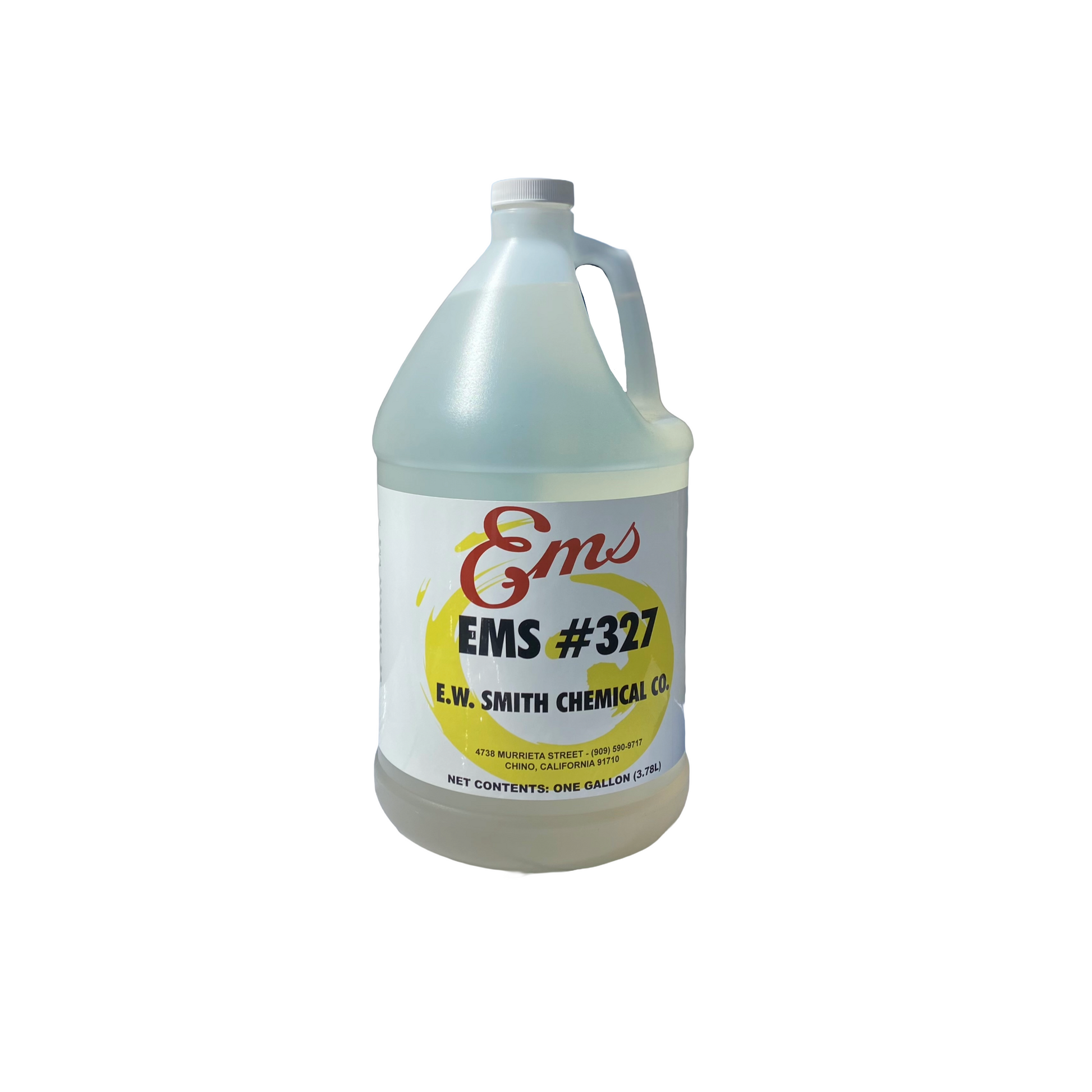 Gallon bottle of E.M.S. #327 chemical on a white background